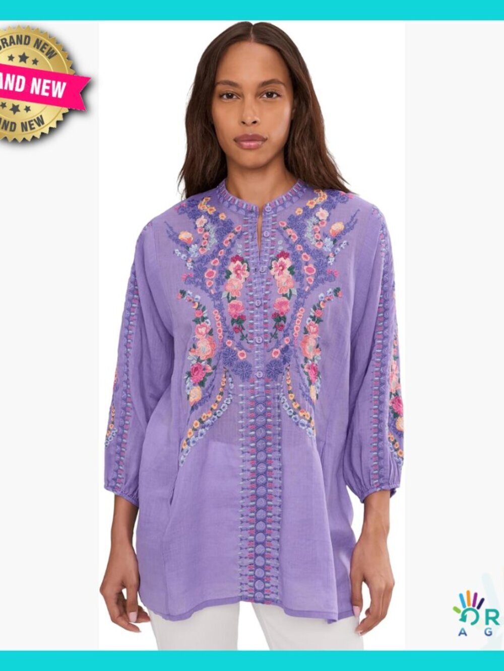 Embroidered Henley Tunic Elegant Boho Chic Top Romantic Artistic Graceful Drape
